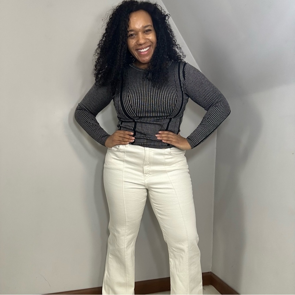 Pilcro white flare leg jeans pants high waisted 70s groovy neutral denim slacks